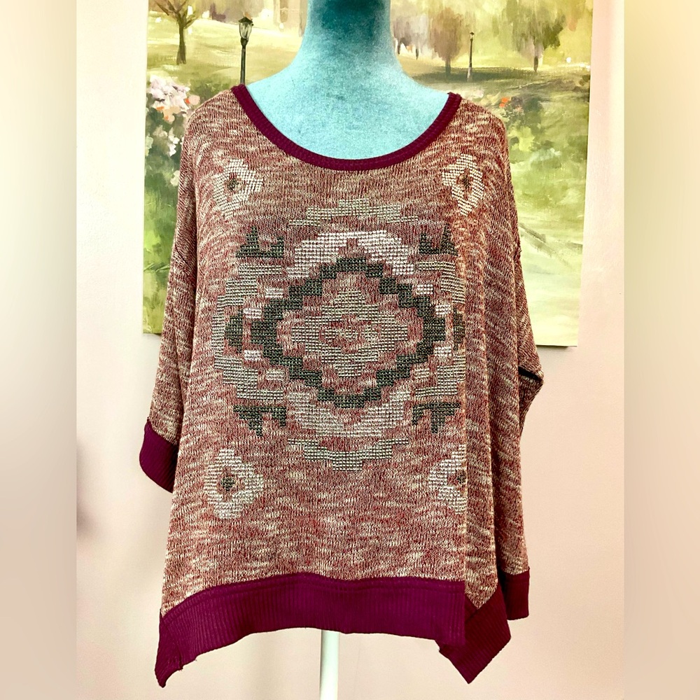 MISS ME Burgundy and Grey Geometric Sweater. NWOT